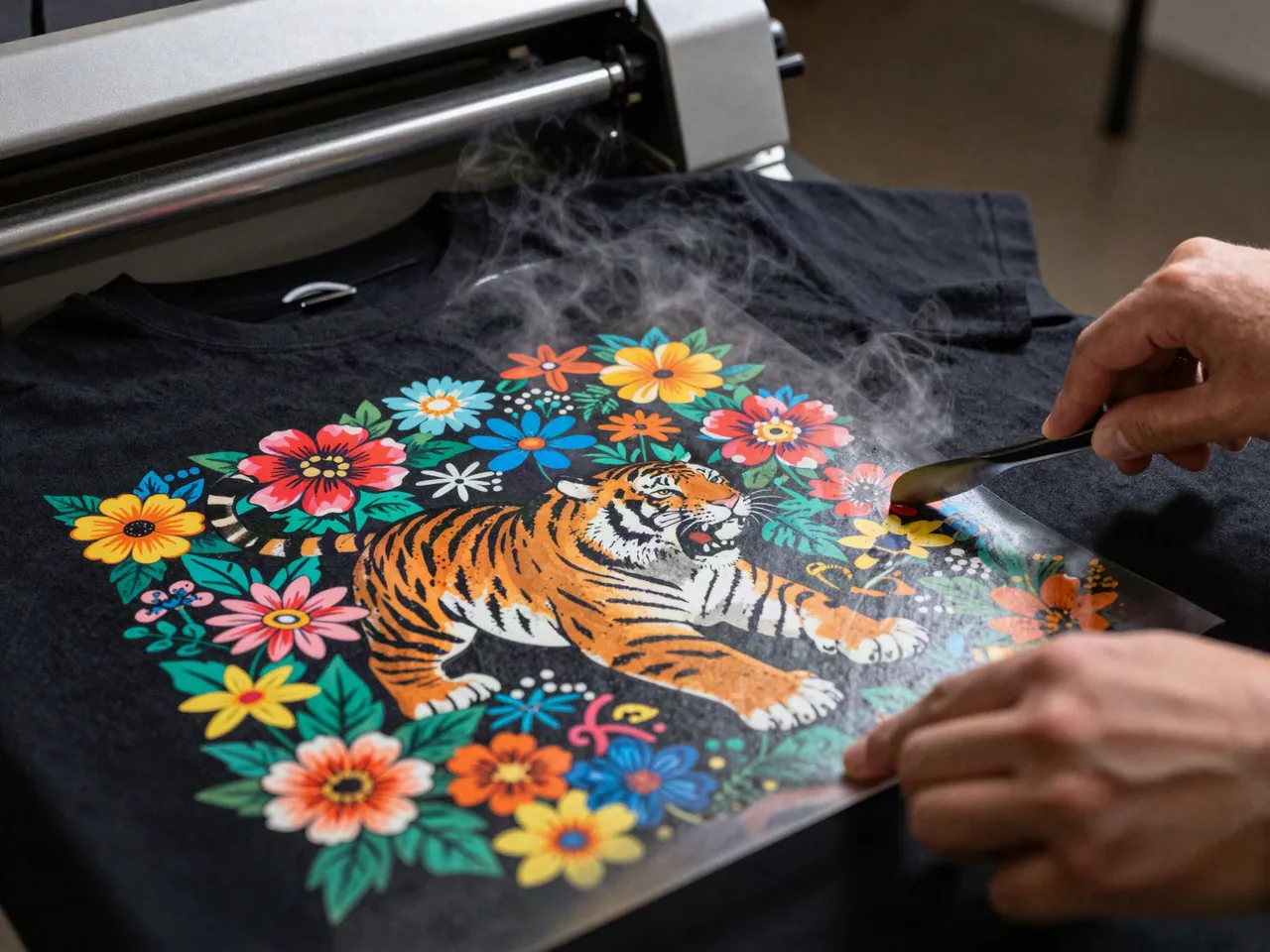 Peeling a DTF transfer off a heat-pressed black T-shirt